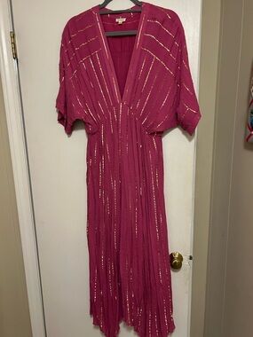 En Creme Magenta Maxi Dress with Gold Stripe Accents